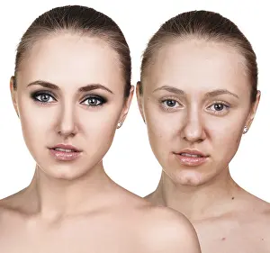 Woman Looking Directly At The Camera Drucke: Comparative portrait of female face