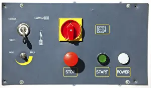 Passenger Transport System Drucke: Complex machine control panel with red buttons and signs