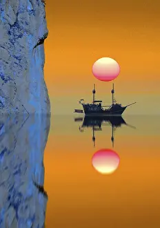 Gerahmter Druck : Komponieren: Schiff mit Sonne. Gerahmter Druck : Komponieren: Schiff mit Sonne.