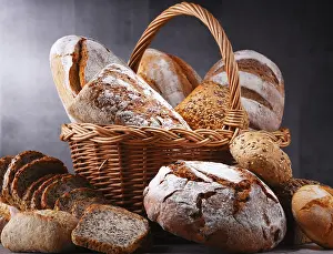 Wholemeal Bread Nutrition Facts Drucke: Composition with assorted bakery products in wicker basket