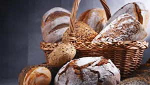 Food Still Life Composition Drucke: Composition with assorted bakery products in wicker basket