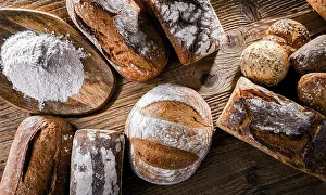 Pastry And Bread Display Drucke: Composition with assorted bakery products on wooden table