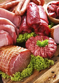 Deserted Butcher Shop Drucke: Composition with assorted meat products