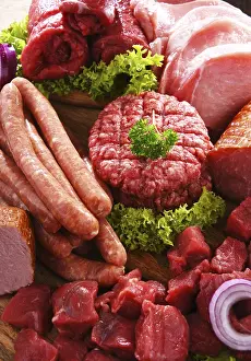 Appetizing Meat Dishes Drucke: Composition with assorted meat products