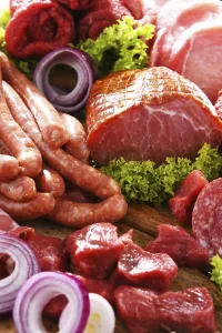 Appetizing Meat Dishes Drucke: Composition with assorted meat products