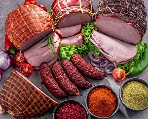 Appetizing Meat Dishes Drucke: Composition with assorted meat products