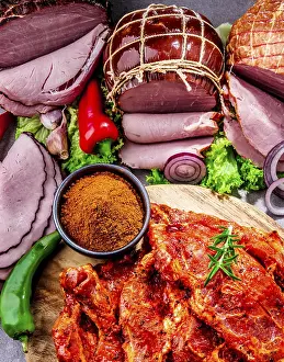 Assorted Meat Products Drucke: Composition with assorted meat products including ham