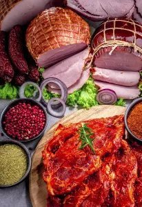 Meat Dish Photography Drucke: Composition with assorted meat products including ham