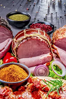 Meat Dish Photography Drucke: Composition with assorted meat products including ham