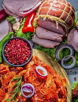 Grocery Store Meat Selection Drucke: Composition with assorted meat products including ham