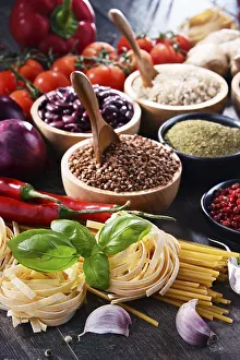 Healthy Eating Photography Drucke: Composition with assorted organic food products on the table
