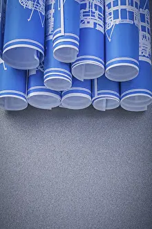 Industrial Construction Plan Drucke: Composition of blue engineering drawings on grey background construction concept