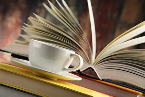 Composition With Books Drucke: Composition with books and cup of coffee