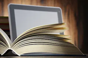 Modern Educational Institution Drucke: Composition with books and tablet computer