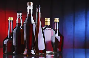 Alcoholic Beverage Arrangement Drucke: Composition with bottles of assorted alcoholic beverages