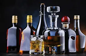 Bar Setup Ideas Drucke: Composition with bottles of assorted alcoholic beverages