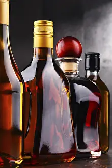 Distilled Spirits Showcase Drucke: Composition with bottles of assorted alcoholic beverages