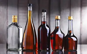 Deserted Bar Scene Drucke: Composition with bottles of assorted alcoholic beverages