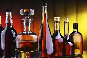Empty Bar Scene Drucke: Composition with bottles of assorted alcoholic beverages