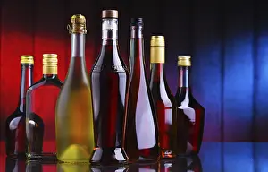Distilled Spirits Showcase Drucke: Composition with bottles of assorted alcoholic beverages