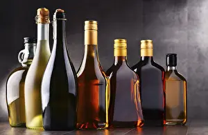 Decanter Arrangement Inspiration Drucke: Composition with bottles of assorted alcoholic beverages