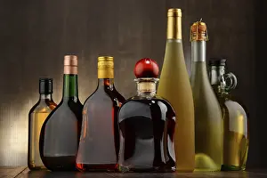 Alcoholic Beverage Arrangement Drucke: Composition with bottles of assorted alcoholic beverages