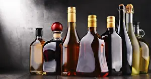 Deserted Bar Scene Drucke: Composition with bottles of assorted alcoholic beverages