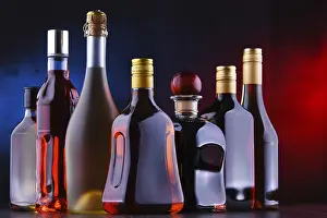 Alcoholic Beverage Display Drucke: Composition with bottles of assorted alcoholic beverages