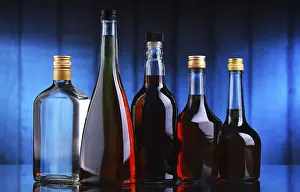 Bar Setup Ideas Drucke: Composition with bottles of assorted alcoholic beverages