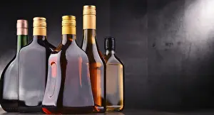 Alcoholic Beverage Arrangement Drucke: Composition with bottles of assorted alcoholic beverages