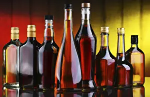 Diverse Liquor Selection Drucke: Composition with bottles of assorted alcoholic beverages