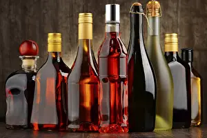 Decanter Arrangement Drucke: Composition with bottles of assorted alcoholic beverages
