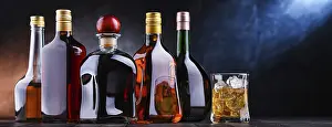 Assorted Alcoholic Beverages Drucke: Composition with bottles of assorted alcoholic beverages