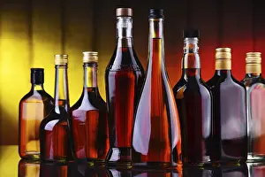 Deserted Bar Setup Drucke: Composition with bottles of assorted alcoholic beverages