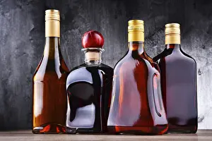 Distilled Spirits Showcase Drucke: Composition with bottles of assorted alcoholic beverages