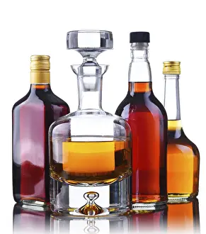 Alcoholic Beverages Drucke: Composition with bottles of assorted alcoholic beverages