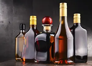 Alcoholic Beverage Arrangement Drucke: Composition with bottles of assorted alcoholic beverages
