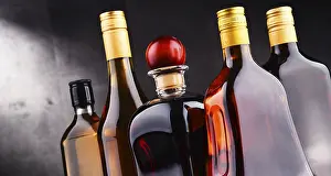 Deserted Bar Scene Drucke: Composition with bottles of assorted alcoholic beverages