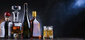 Alcoholic Beverage Arrangement Drucke: Composition with bottles of assorted alcoholic beverages