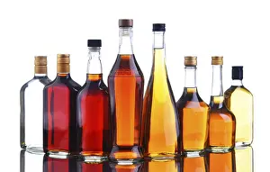 Alcoholic Beverage Display Drucke: Composition with bottles of assorted alcoholic beverages