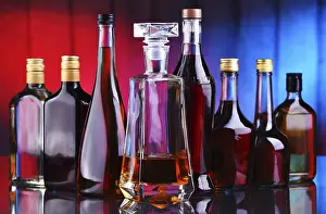 Bar Setup Ideas Drucke: Composition with bottles of assorted alcoholic beverages