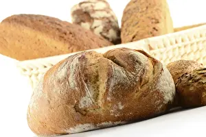 Breakfast Meal Ideas Drucke: Composition with bread and rolls on kitchen table