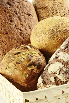 Baked Goods Photography Drucke: Composition with bread and rolls on kitchen table