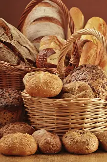 Breakfast Meal Setup Drucke: Composition with bread and rolls in wicker basket