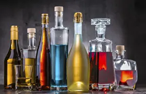 Alcoholic Beverages Composition Drucke: Composition with carafe and bottles of assorted alcoholic beverages