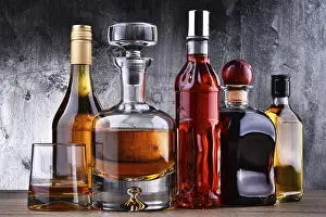 Composition With Carafe And Bottles Drucke: Composition with carafe and bottles of assorted alcoholic beverages