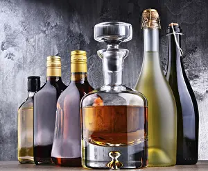Composition With Carafe And Bottles Drucke: Composition with carafe and bottles of assorted alcoholic beverages
