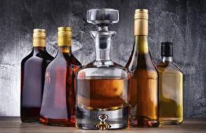 Bar Setup Ideas Drucke: Composition with carafe and bottles of assorted alcoholic beverages