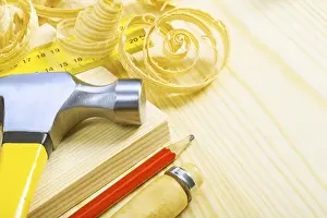 Computer Hardware Equipment Drucke: Composition of carpentry tools on pine boards