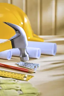 Construction Industry Tools Drucke: Composition of carpentry tools on woden table